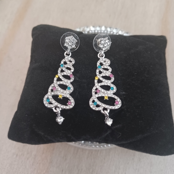 Silver Rhinestone Christmas Tree Star Drop Stud Earrings - Picture 4 of 7
